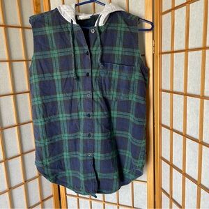 Vintage Blue and Green Sleeveless Flannel Hoodie, S